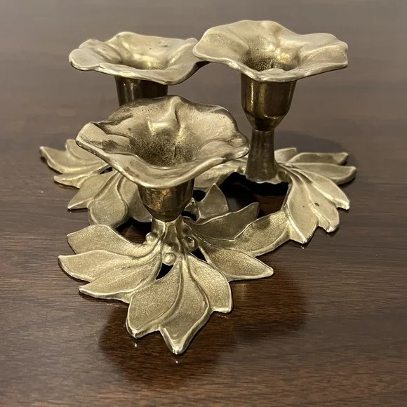 PAIR Brass Flower Candelabra Hollywood Regency Floral Candle Holders Mid Century